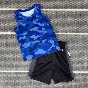 Champion Basketball Shorts and Blue Ideology Camo Tank